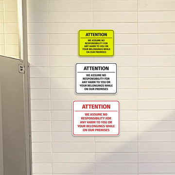Signs ByLITA Classic Framed Attention - We assume no responsibility for any harm to you or your belongings while on our premises Door or Wall Sign Easy Installation | Warning Health & Safety | Office & Venues